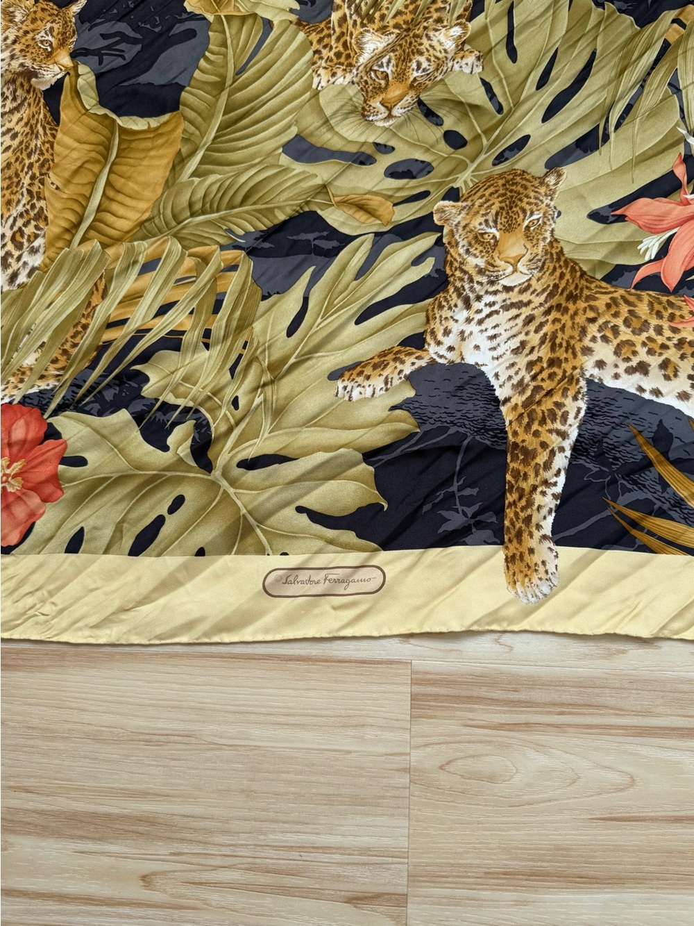 Salvatore Ferragamo Jungle Leopard & Tiger Floral Silk Scarf - Yellow Black - Picture 2 of 5